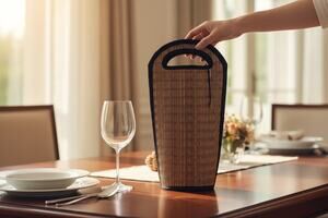 Baskets of Cambodia Wine Carrier Natrual Organic Reed Black Frabric trim
